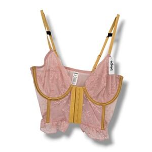 NEW BootayBag Pink Gold Lace Corset Bralette Top Hook Eye Ruffle Size XL